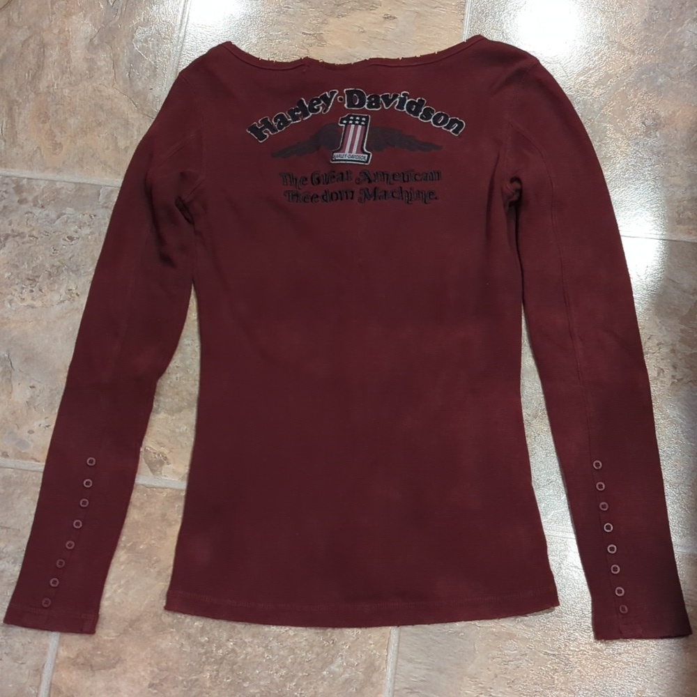Y2K Harley-Davidson Waffle Knit Henley American Grunge Distressed - Picture 2 of 12
